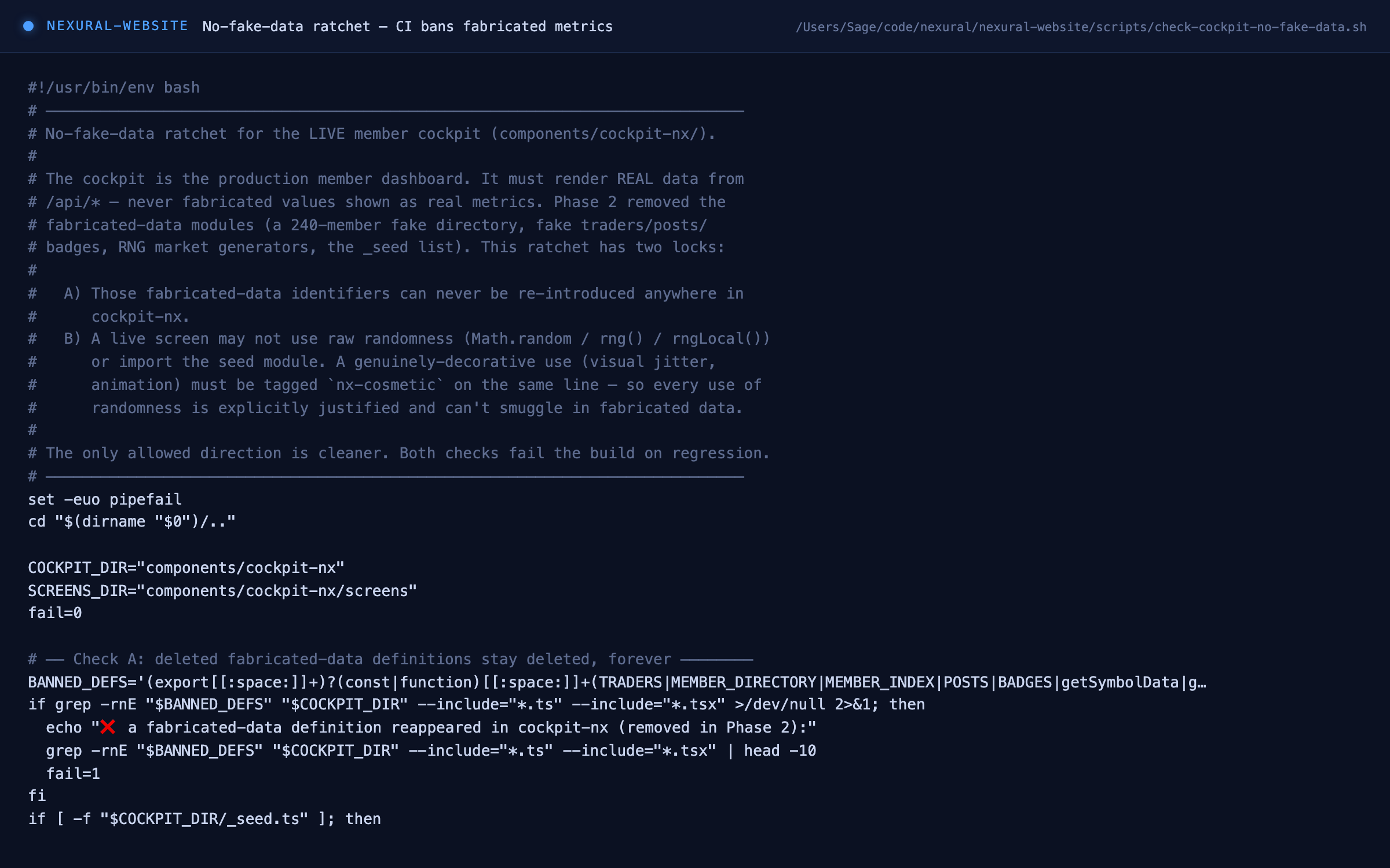 No-fake-data CI ratchet — fabricated metrics fail the build