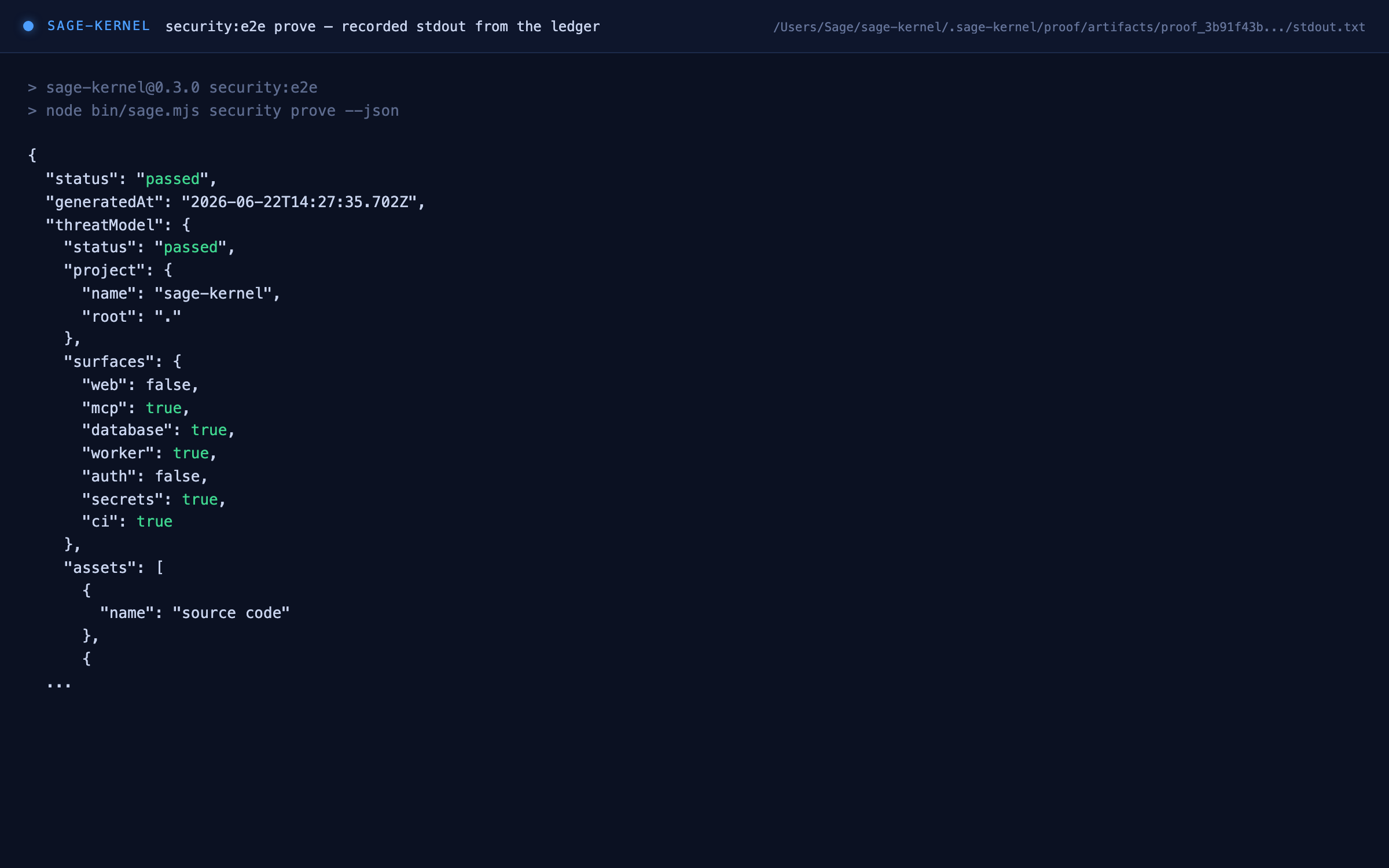 security:e2e prove — threat-model output recorded as a ledger artifact
