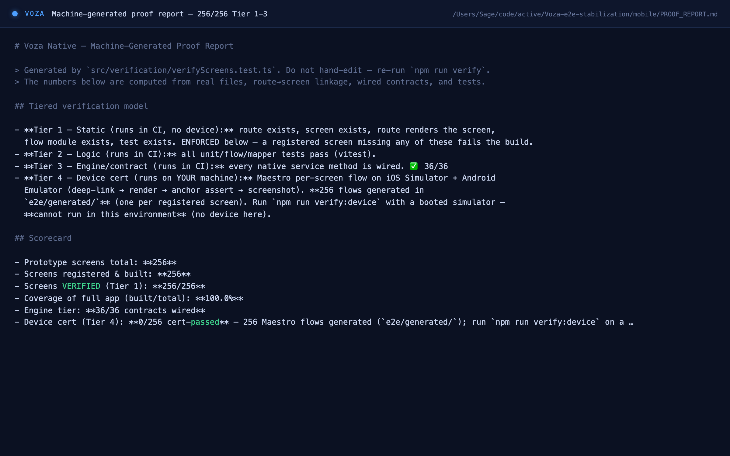 Machine-generated PROOF_REPORT — 256/256 Tier 1-3, honest 0/256 device tier