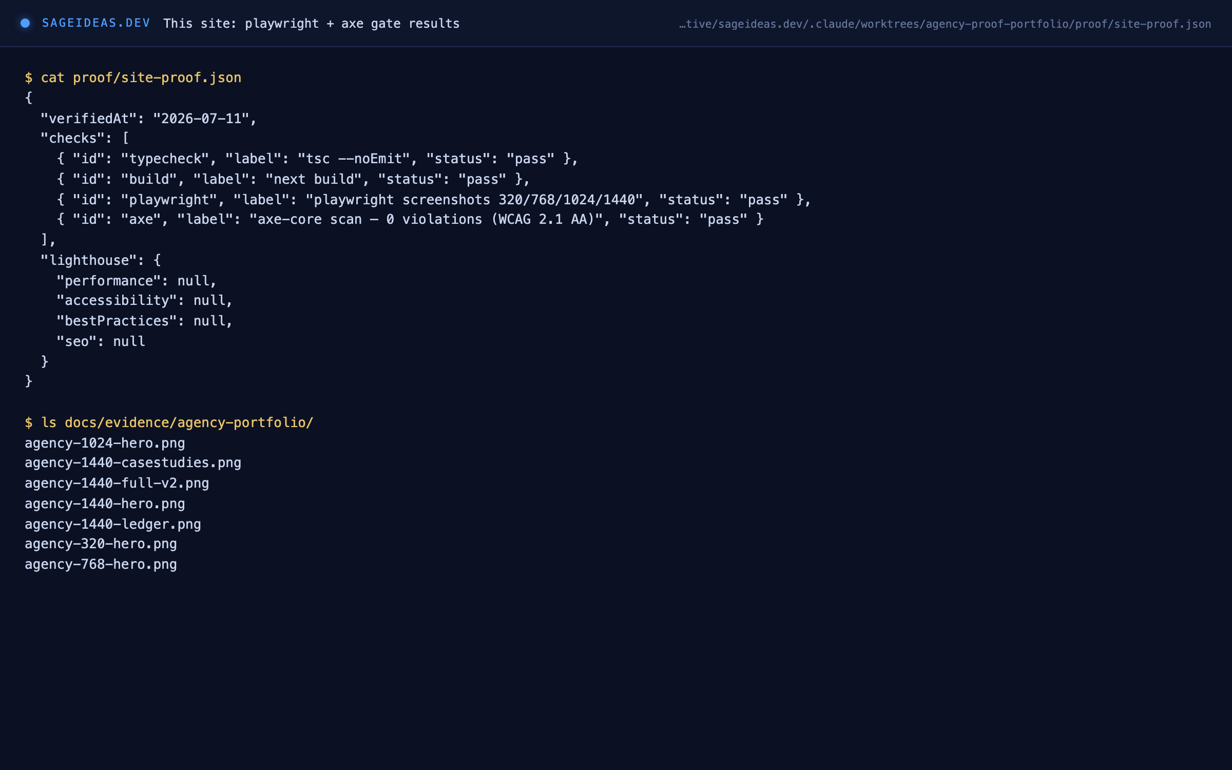 This site: typecheck / build / playwright / axe gates, all pass