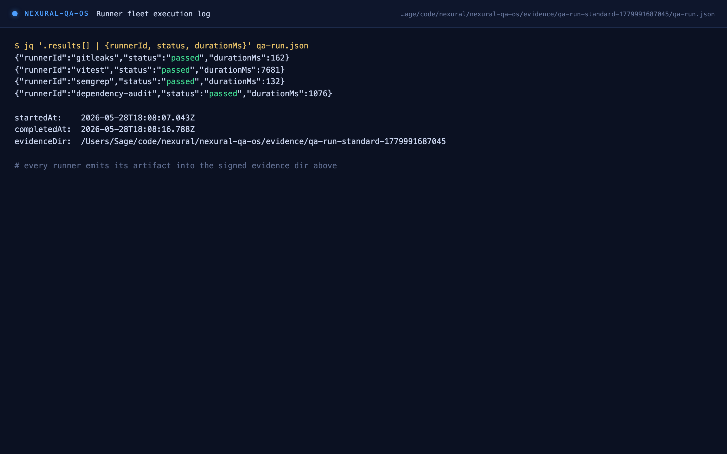 Runner fleet execution log — per-runner status + durations into signed evidence
